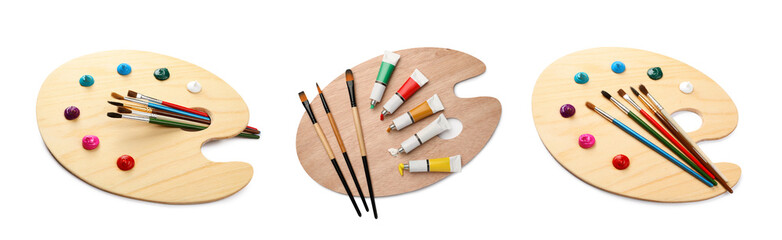 Wooden palettes with paints and brushes isolated on white, collage