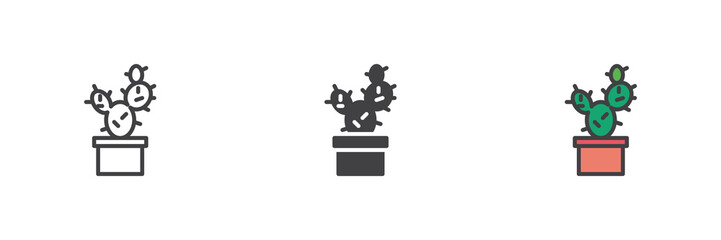 Cactus succulent in a pot shown in line, solid and filled outline icon style