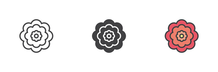 Rose blossom icon set in line, solid and filled outline style