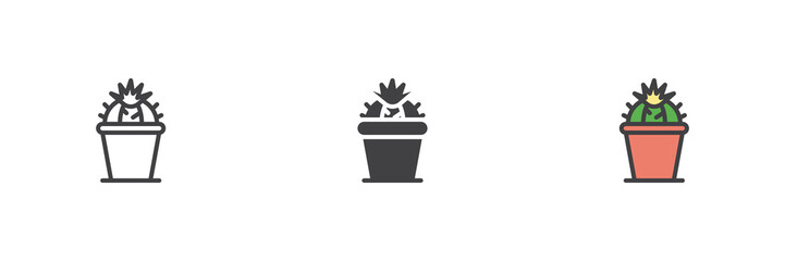 Cactus in flowerpot icon set in line, solid and filled outline style