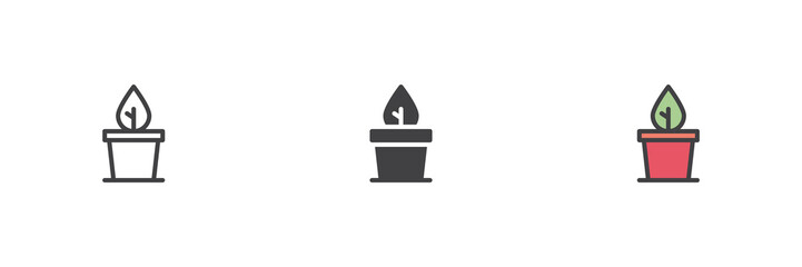 Potted foliage icon set in line, solid and filled outline style