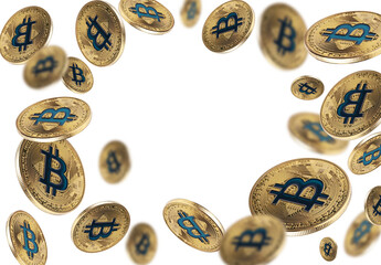 Cryptocurrency. Golden bitcoins flying on white background
