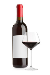 Luxurious red wine in bottle with blank label and glass isolated on white