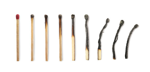 Matches on white background, collage with stages from whole to completely burnt