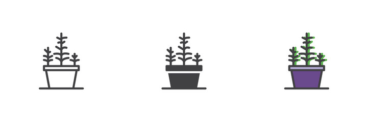 Multiple potted plants icon set in line, solid and filled outline style