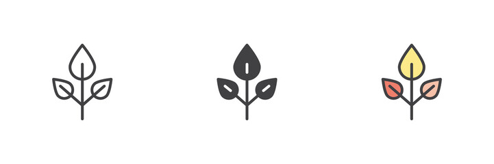 Decorative leaf icon set in line, solid and filled outline style