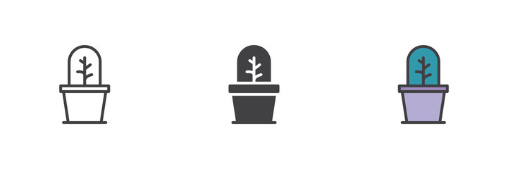 Cactus in pot icon set in line, solid and filled outline style