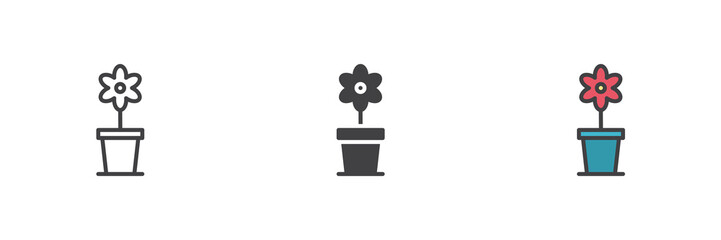 Flowerpot blossom icon set in line, solid and filled outline style