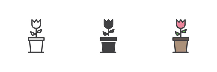 Simple tulip plant icon set in line, solid and filled outline style