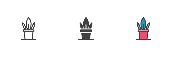 Houseplant foliage icon set in line, solid and filled outline style
