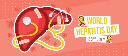 World Hepatitis Day - Liver sign with elastic fabric plasters and stethoscope rolling around vector design