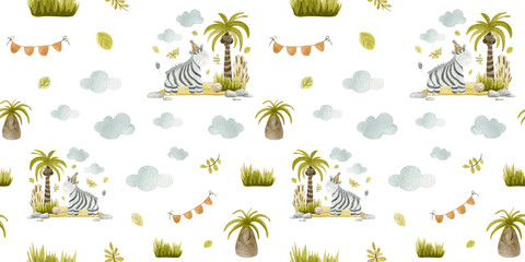 Seamless Watercolor Pattern with Playful Zebras – Tropical Jungle Party, Palm Trees, Festive Banners, Fun Wildlife, Textile & Wrapping Paper Design for Kids.