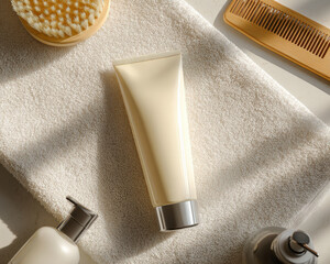 Serene flat lay featuring cream colored tube on soft white towel, surrounded by grooming tools, creating calming and organized atmosphere for personal care