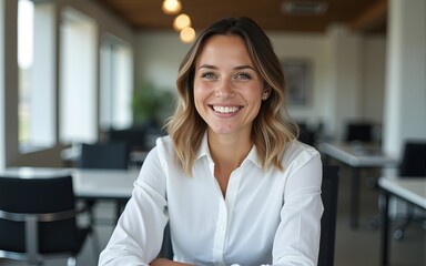 Photo of attractive good mood lady ceo dressed formal shirt smiling love work indoors workplace workstation loft. High quality