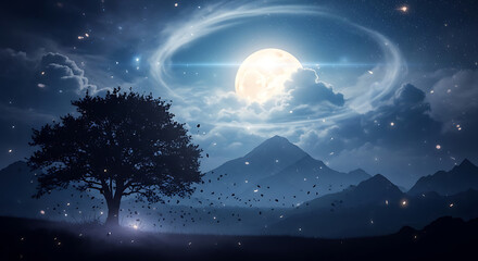 Mystical Moonlit Landscape with Glowing Night Sky, Tree Silhouette, and Majestic Mountains – Fantasy Dreamscape Scene