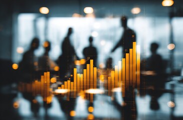 Blurred image business meeting. Speaker presents financial charts. Team discusses company valuation in office. Investment report analysis budget portfolio management with employees. High quality