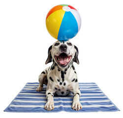 Happy Dalmatian Dog Balancing a Colorful Beach Ball on a Striped Towel