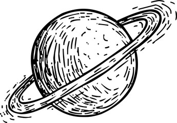Black and white illustration of planet Saturn with rings in minimal vector style, ideal for astronomy, space design, and science graphics.
