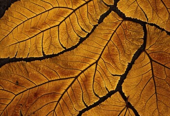 Autumn Leaf Texture: Intricate details of dried autumn leaves, showcasing their veins and golden hues in a close-up shot.  The image is rich in texture and color. Ai generated image