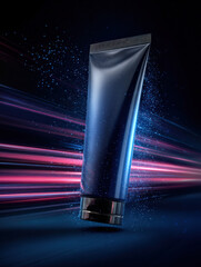 Realistic sunscreen tube with sleek design, set against dynamic background of colorful light streaks, evokes sense of modernity and energy. product stands out, showcasing its potential for sun