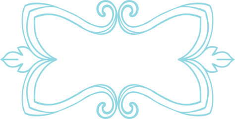 Elegant aqua blue ornamental frame outline with symmetrical swirls and leaf accents. Perfect for decorative labels, invites, packaging, or artistic vintage-style graphic projects.