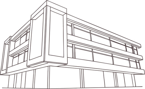 Modern commercial building outline in minimalist line art style. Clean architectural drawing of office or retail structure ideal for design, blueprint, or urban concept illustrations.