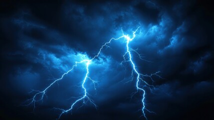 Intense blue lightning bolts streak across a dark, stormy sky filled with ominous clouds.