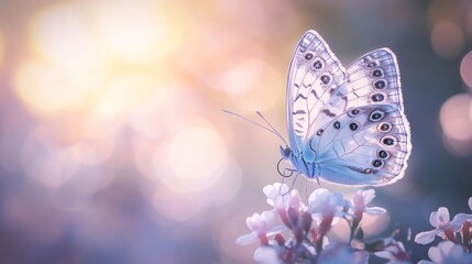 Delicate blue butterfly resting gracefully on pastel pink blossoms outdoor
