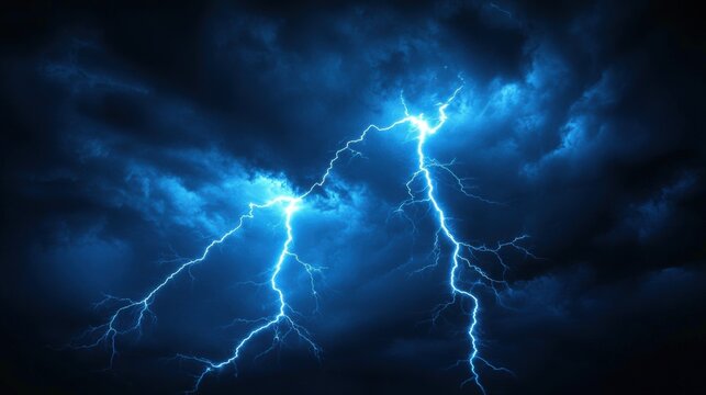 Intense blue lightning bolts streak across a dark, stormy sky filled with ominous clouds.