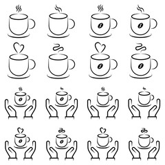 Line Art Coffee and Tea Cups with Heart and Leaf Designs