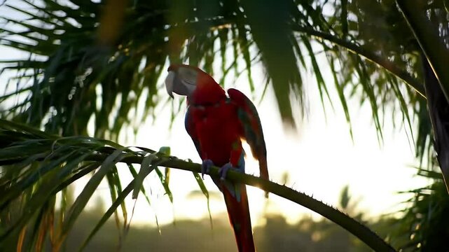 Scarlet Macaw Perched on Palm Branch in Warm Sunlight Outdoor Setting