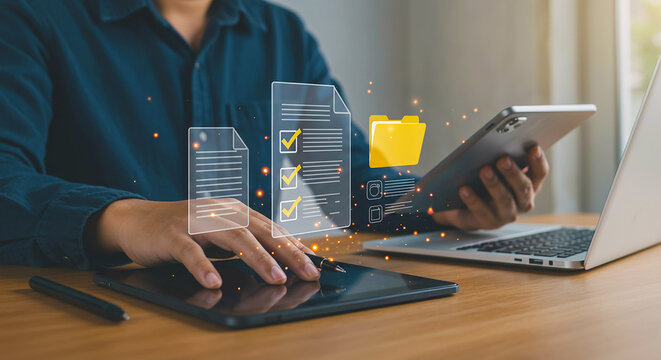 Person using multiple devices with digital document and folder icons floating above devices