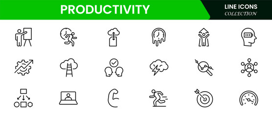 Efficient vector web line icons depicting productivity tools, task management, time optimization, workflows, and goal-driven performance solutions.