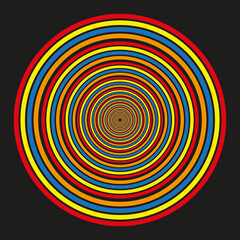 Rainbow tunnel effect. Concentric color rings. Vector spiral illusion. Bright circular vortex.
