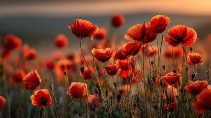 Obraz premium Vibrant red poppy flowers blooming in nature's landscape at sunset captured in scenic view