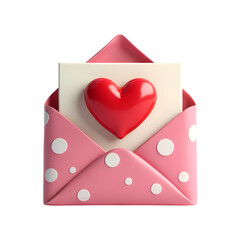 A pink polka dot envelope with a red heart on a white card isolated on transparent background