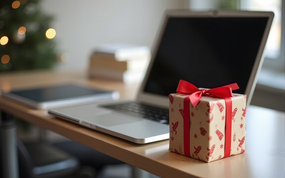 A wrapped Christmas gift placed next to a computer on a desk in an office setting. High quality