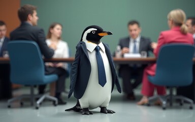 A penguin in a suit and tie leads a business meeting. High quality