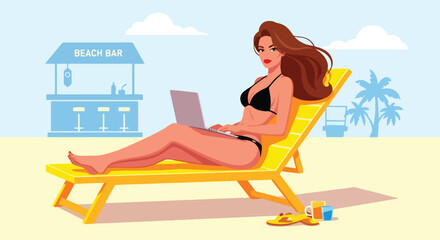 Adobe illustrator artwork vector illustration of a woman working remotely on a laptop while relaxing on a beach chair near a beach bar, blending work and summer vacation vibes