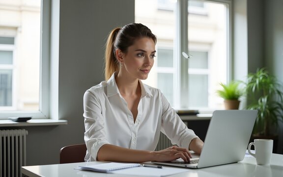 Portrait of a businesswoman working in a small minimalist office. High quality