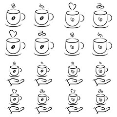 Set of Coffee Cup Icons with Steam and Hand Serving