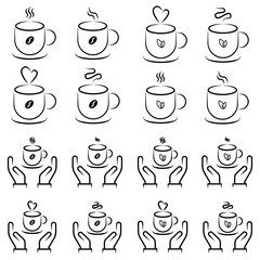 Coffee and Tea Icons with Steaming Mugs and Hand Gestures