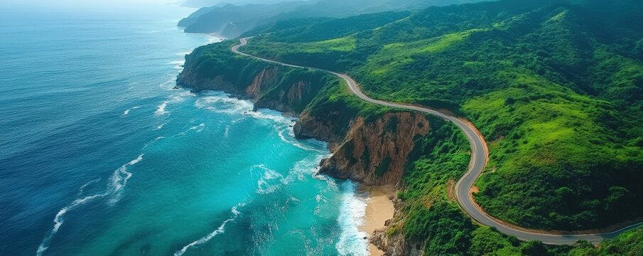 Coastal road winding along green cliffs beside a turquoise ocean under a bright sky.