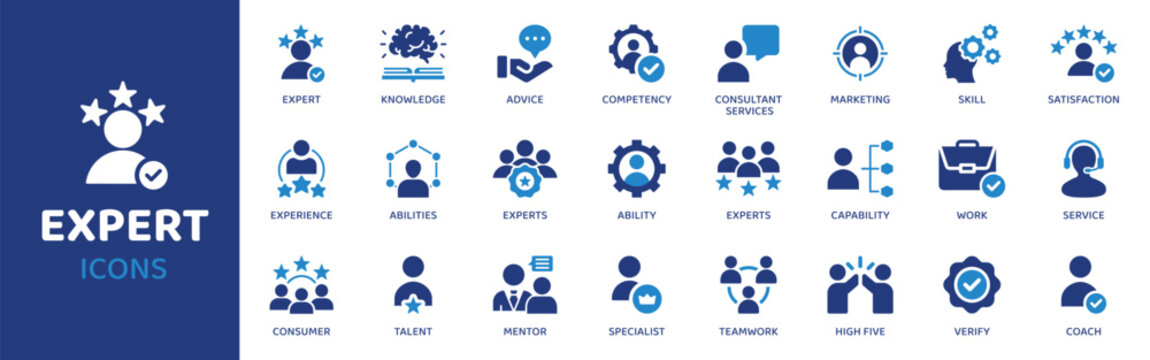 Expert - Icon Collection. Thin Line Set contains such Icons as Expert, Pro, Guru, Master, Mentor, Coach, Specialist and more. Simple web icons set.
