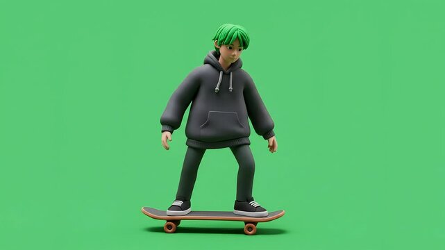 Animated 3d clay model figure cartoon character, a young person with bright green hair, wearing a gray hoodie and dark pants, skateboarding on a bright green screen background