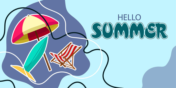 hello summer concept background,card and banner design.umbrella,surfboard and beach chair stickers decorative and curve lines background vector illustration.