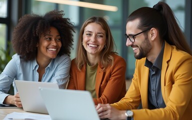 Diverse colleagues enjoying a lighthearted moment during a productive workday, fostering a positive and inclusive work environment. High quality