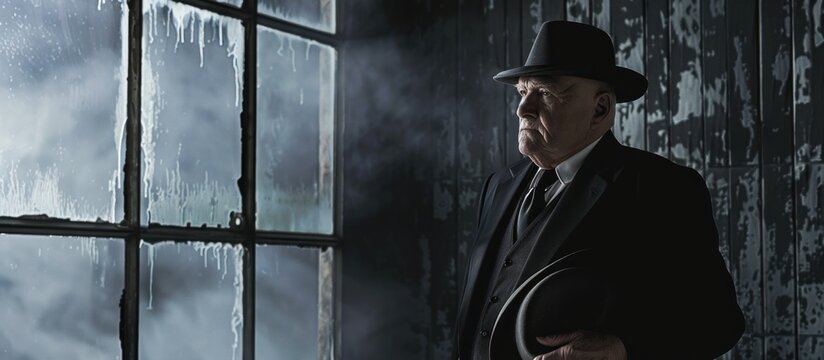 Elderly man in suit, hat, by foggy window.