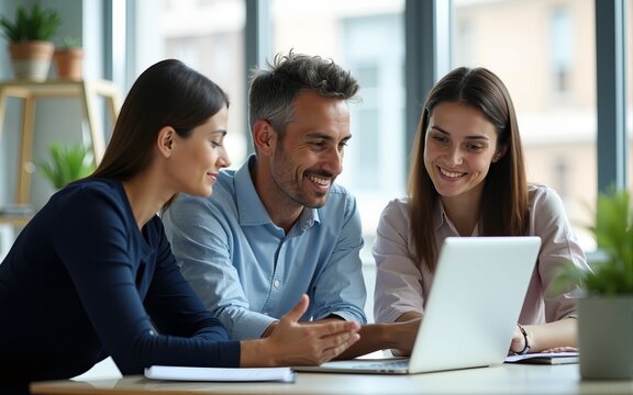 Successful business team are discussing new strategies in office on laptop. Small and medium business development concept. High quality