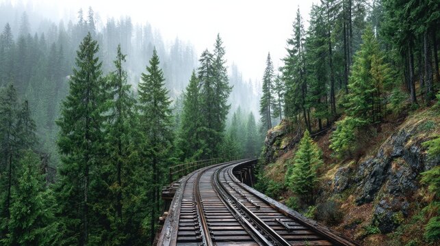 Fototapeta Curved train tracks through lush evergreen forest mountain landscape nature photography misty environment scenic view